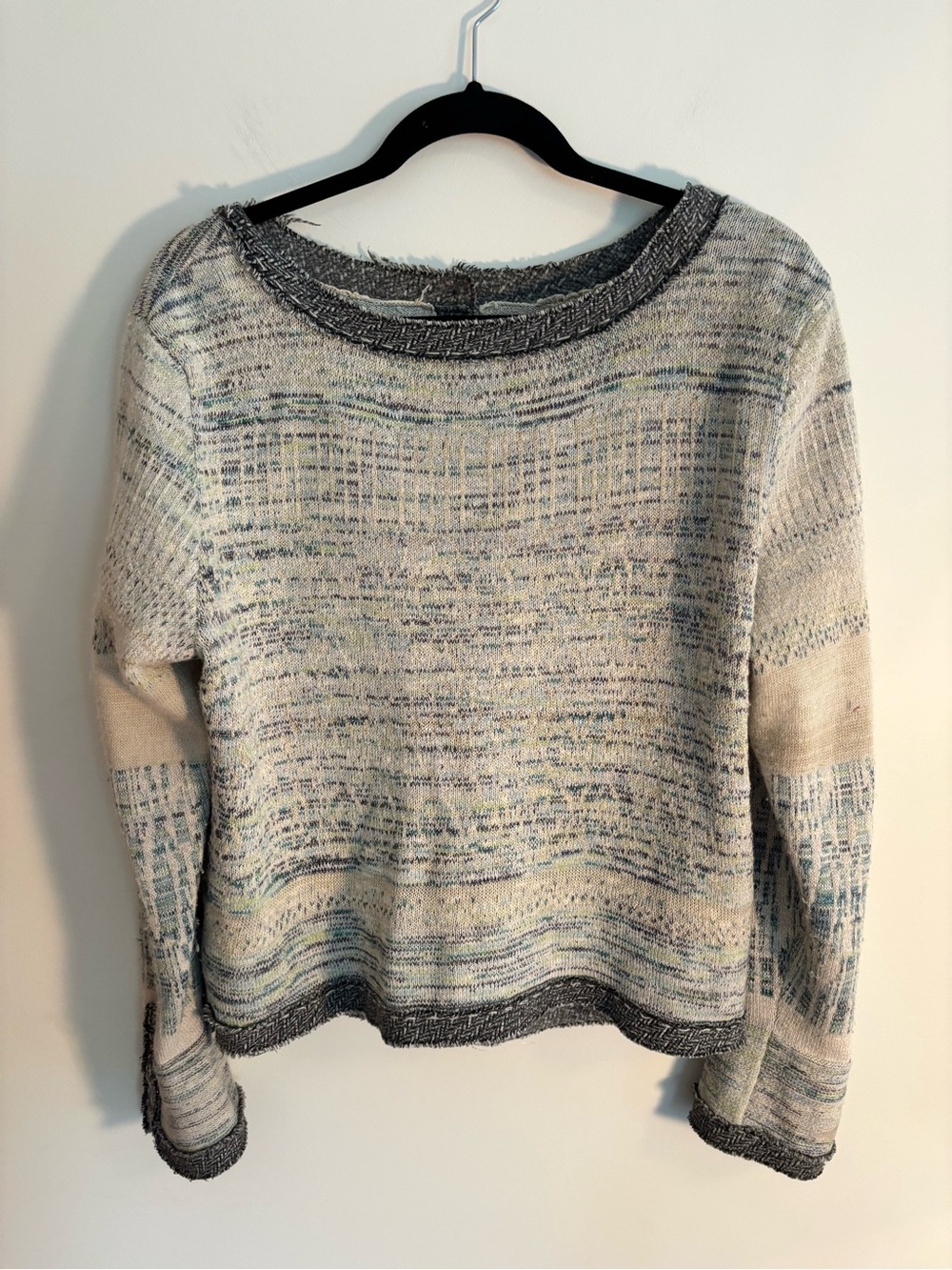 Free People Crewneck Knit Denim/Ivory colored Cardigan Sweater - Picture 7 of 9